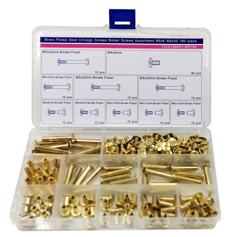Huzstar Chicago Screws Binding Screws Posts Assortment Kit Brass Plated Steel 180-Piece - Image 1